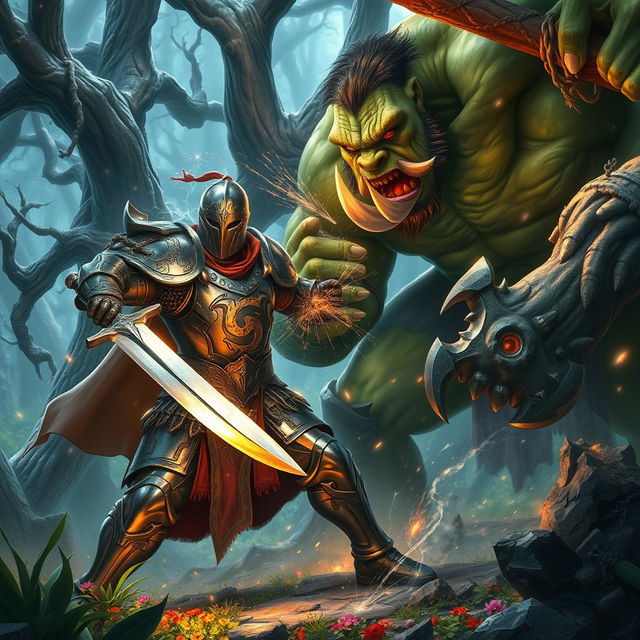 An intense battle scene depicting a fantasy knight locked in combat with a fearsome orc in an enchanted forest