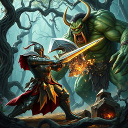 An intense battle scene depicting a fantasy knight locked in combat with a fearsome orc in an enchanted forest