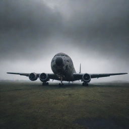 Generate a dark and spooky image of an abandoned airplane, shrouded in tattered, ghostly mists, visually representing a 'cursed' plane. The plane stands alone in a desolate airfield under a gloomy, stormy sky