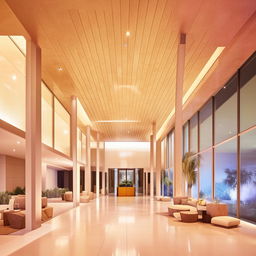 A modern contemporary event venue foyer, featuring sleek architectural design, high ceilings, warm lighting and luxurious furniture.