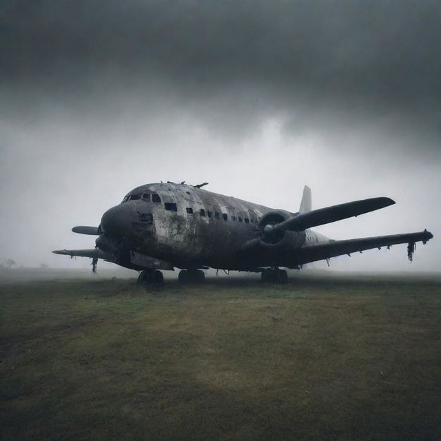 Generate a dark and spooky image of an abandoned airplane, shrouded in tattered, ghostly mists, visually representing a 'cursed' plane. The plane stands alone in a desolate airfield under a gloomy, stormy sky