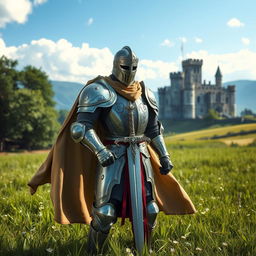 A medieval fantasy knight depicted in full armor, standing proudly in a lush green meadow