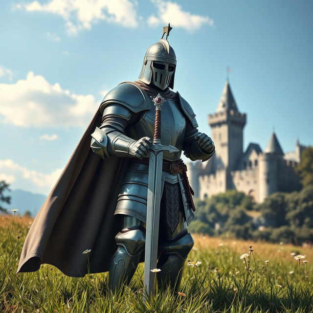 A medieval fantasy knight depicted in full armor, standing proudly in a lush green meadow