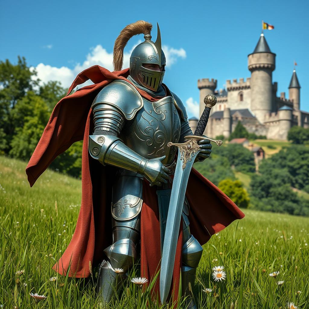 A medieval fantasy knight depicted in full armor, standing proudly in a lush green meadow