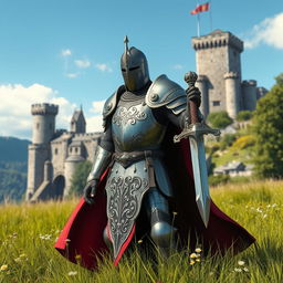 A medieval fantasy knight depicted in full armor, standing proudly in a lush green meadow