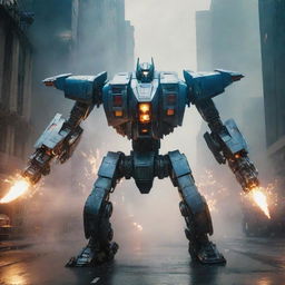 Generate an astonishing transformation scene where a sleek airplane morphs into a giant Mecha robot. The scene is intense, showcasing mechanical parts shifting, twisting, and realigning amidst sparks and gleams