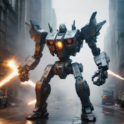 Generate an astonishing transformation scene where a sleek airplane morphs into a giant Mecha robot. The scene is intense, showcasing mechanical parts shifting, twisting, and realigning amidst sparks and gleams