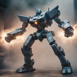 Design an action-packed image where a sleek fighter plane transforms into a powerful Mecha robot amid smoke and flashing lights, showcasing intricate mechanical components realigning in an intense transformation scene