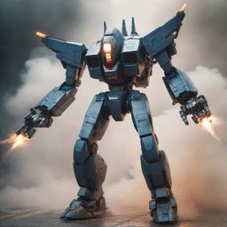 Design an action-packed image where a sleek fighter plane transforms into a powerful Mecha robot amid smoke and flashing lights, showcasing intricate mechanical components realigning in an intense transformation scene