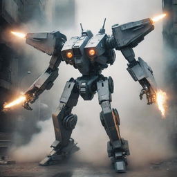 Design an action-packed image where a sleek fighter plane transforms into a powerful Mecha robot amid smoke and flashing lights, showcasing intricate mechanical components realigning in an intense transformation scene