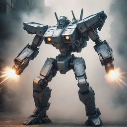 Design an action-packed image where a sleek fighter plane transforms into a powerful Mecha robot amid smoke and flashing lights, showcasing intricate mechanical components realigning in an intense transformation scene