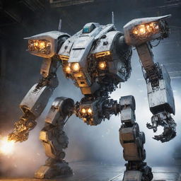 Create an electrifying transformation scene where a Boeing jetliner morphs impressively into a towering Mecha robot. Focus on the intricate alignment of mechanical parts in the plane-to-robot transmutation, amid bursts of sparks and gleams.