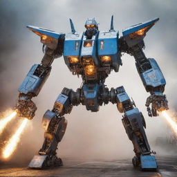 Create an electrifying transformation scene where a Boeing jetliner morphs impressively into a towering Mecha robot. Focus on the intricate alignment of mechanical parts in the plane-to-robot transmutation, amid bursts of sparks and gleams.