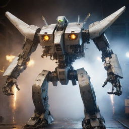 Create an electrifying transformation scene where a Boeing jetliner morphs impressively into a towering Mecha robot. Focus on the intricate alignment of mechanical parts in the plane-to-robot transmutation, amid bursts of sparks and gleams.