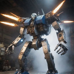 Create an electrifying transformation scene where a Boeing jetliner morphs impressively into a towering Mecha robot. Focus on the intricate alignment of mechanical parts in the plane-to-robot transmutation, amid bursts of sparks and gleams.