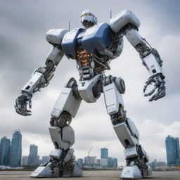 Illustrate a captivating transformation where an Airbus jetliner morphs into a towering Mecha robot. The image should display the machine details and portray an electrifying transition from plane to robot