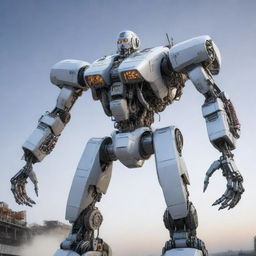 Illustrate a captivating transformation where an Airbus jetliner morphs into a towering Mecha robot. The image should display the machine details and portray an electrifying transition from plane to robot