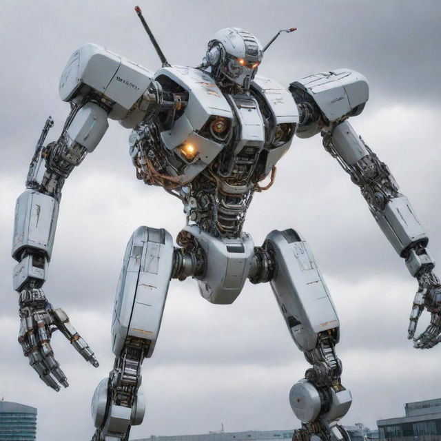 Illustrate a captivating transformation where an Airbus jetliner morphs into a towering Mecha robot. The image should display the machine details and portray an electrifying transition from plane to robot