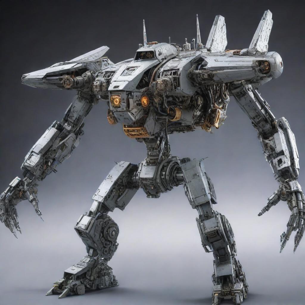 Design an intriguing image showcasing a jet plane dramatically transforming into a towering Mecha robot. Focus on the intricate details of mechanical parts during the transformation process