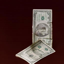 A substantial stack of crisp, new dollar bills on a rich mahogany table.