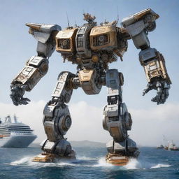 Generate an extraordinary image where a magnificent cruise ship transforms into a massive Mecha robot. Illustrate in detail the complex mechanical components shifting and locking into place during the transformation