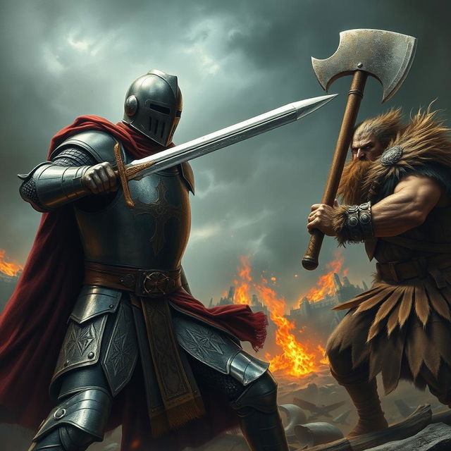 An epic battle scene depicting a Knight Templar in ornate armor, featuring a detailed cross emblem on his chest, wielding a gleaming sword, facing off against a fierce barbarian clad in leather armor with furs, brandishing a large axe