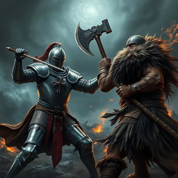 An epic battle scene depicting a Knight Templar in ornate armor, featuring a detailed cross emblem on his chest, wielding a gleaming sword, facing off against a fierce barbarian clad in leather armor with furs, brandishing a large axe