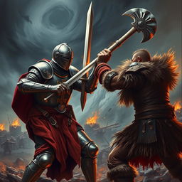 An epic battle scene depicting a Knight Templar in ornate armor, featuring a detailed cross emblem on his chest, wielding a gleaming sword, facing off against a fierce barbarian clad in leather armor with furs, brandishing a large axe