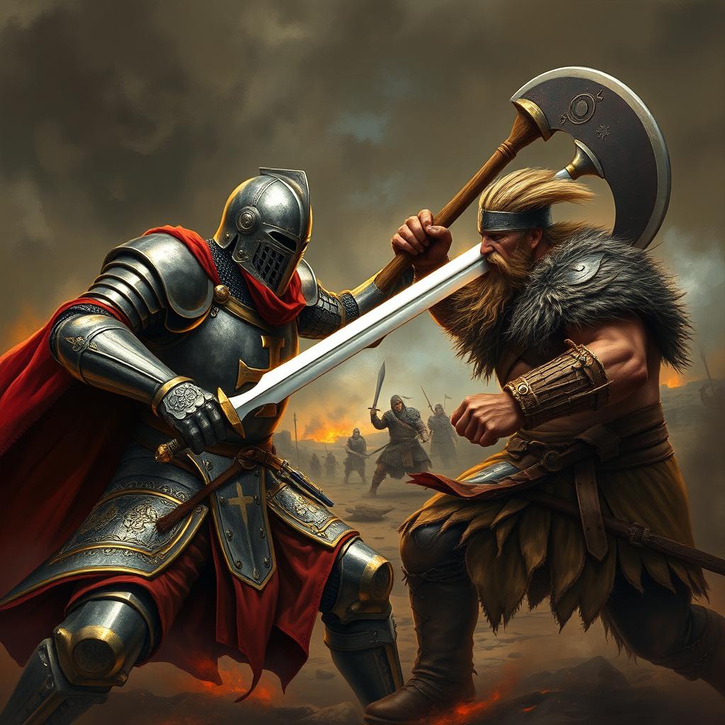 An epic battle scene depicting a Knight Templar in ornate armor, featuring a detailed cross emblem on his chest, wielding a gleaming sword, facing off against a fierce barbarian clad in leather armor with furs, brandishing a large axe