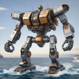 Generate an extraordinary image where a magnificent cruise ship transforms into a massive Mecha robot. Illustrate in detail the complex mechanical components shifting and locking into place during the transformation