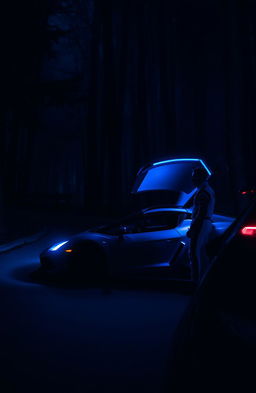 A dark forest at night, with a sleek sports car parked on a winding road