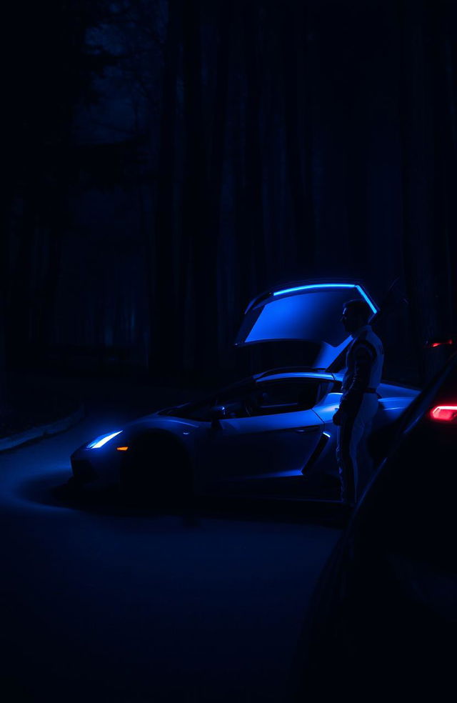 A dark forest at night, with a sleek sports car parked on a winding road