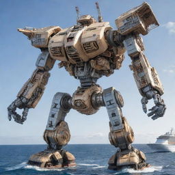 Generate an extraordinary image where a magnificent cruise ship transforms into a massive Mecha robot. Illustrate in detail the complex mechanical components shifting and locking into place during the transformation