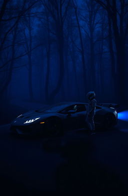 A dark forest at night, with a sleek sports car parked on a winding road