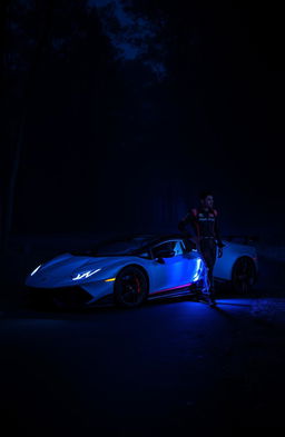 A dark forest at night, with a sleek sports car parked on a winding road