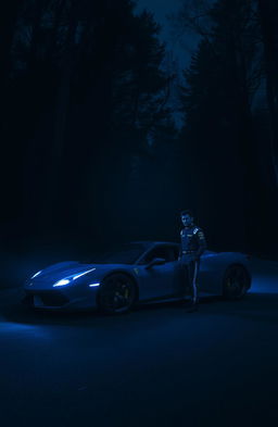 A dark forest at night, with a sleek sports car parked on a winding road