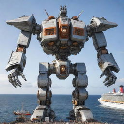 Generate an extraordinary image where a magnificent cruise ship transforms into a massive Mecha robot. Illustrate in detail the complex mechanical components shifting and locking into place during the transformation