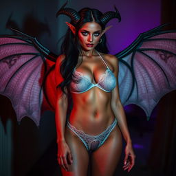 A sultry succubus in alluring underwear standing confidently in a dimly lit room, her mesmerizing wings partially unfolded behind her