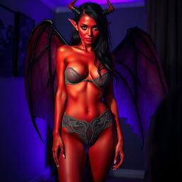 A sultry succubus in alluring underwear standing confidently in a dimly lit room, her mesmerizing wings partially unfolded behind her