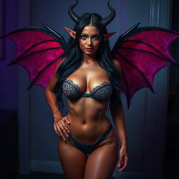 A sultry succubus in alluring underwear standing confidently in a dimly lit room, her mesmerizing wings partially unfolded behind her