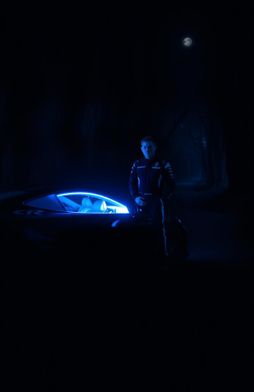 A dark forest setting with a sleek sports car parked on a winding road at night