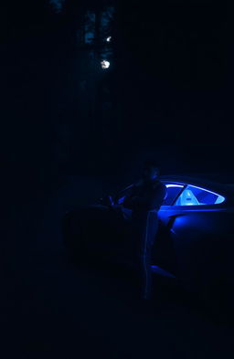A dark forest setting with a sleek sports car parked on a winding road at night