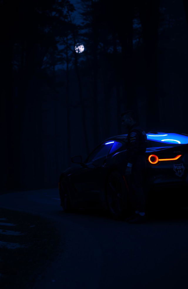 A dark forest setting with a sleek sports car parked on a winding road at night