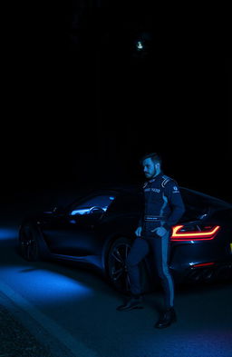 A dark forest setting with a sleek sports car parked on a winding road at night