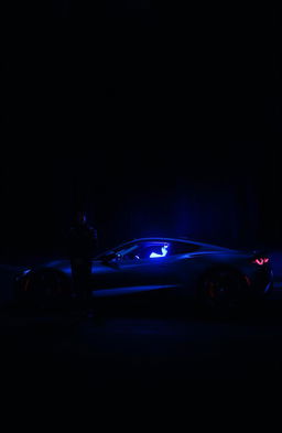 A dark forest scene at night, featuring a sleek sports car parked on a winding road