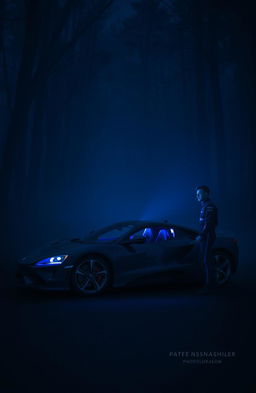 A dark forest scene at night, featuring a sleek sports car parked on a winding road