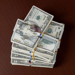 A substantial stack of crisp, new dollar bills on a rich mahogany table.