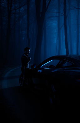 A dark forest scene at night, featuring a sleek sports car parked on a winding road