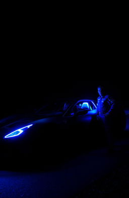 In a dark forest at night, a sleek sports car is parked on a winding road, illuminated in deep blue hues
