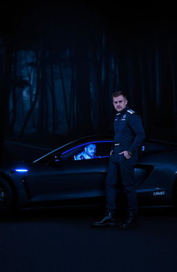 In a dark forest at night, a sleek sports car is parked on a winding road, illuminated in deep blue hues